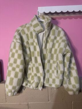 a new day Green and White Checkered Sherpa Jacket